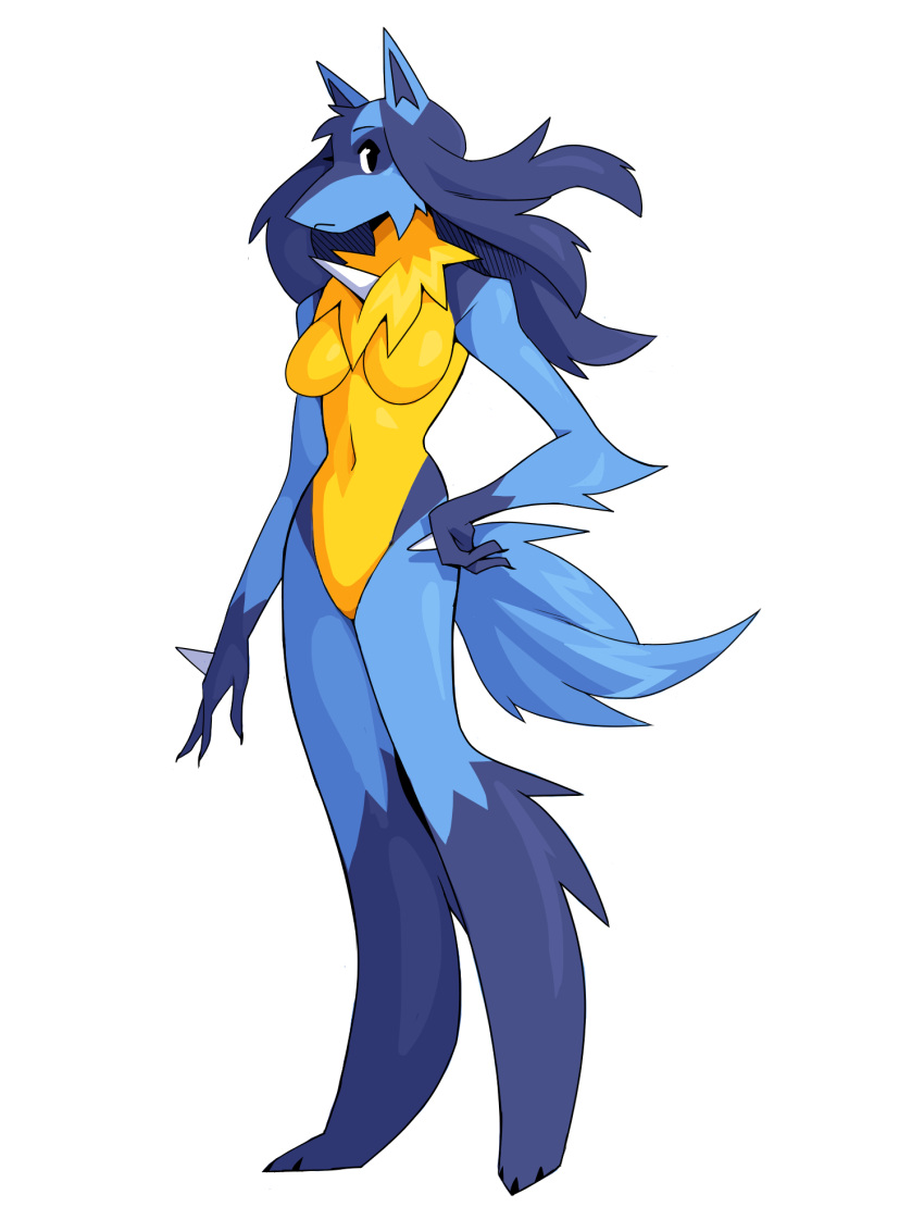 3:4 anthro blue_body blue_fur breasts featureless_breasts featureless_crotch female fur generation_4_pokemon hair hand_on_hip hi_res inget looking_at_viewer lucario navel nintendo nude pokemon pokemon_(species) simple_background solo standing white_background yellow_body yellow_fur