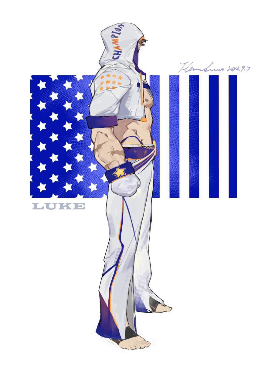 1boy abs absurdres alternate_costume american_flag barefoot belt blue_belt blue_sleeve_cuffs boxing_gloves character_name commentary covered_face cropped_jacket dated drawstring english_text flavedochen gloves groin highres jacket luke_sullivan male_focus multicolored_clothes nipples pants pectorals sleeve_cuffs solo standing star_(symbol) street_fighter street_fighter_6 symbol-only_commentary white_background white_gloves white_jacket white_pants