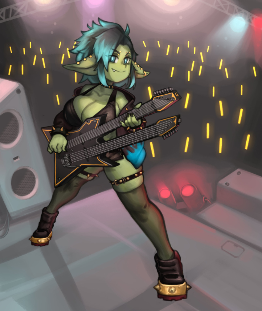 2020 5_fingers absurd_res big_breasts black_clothing black_topwear blue_eyes blue_highlights bracelet breasts cleavage clothed clothed_female clothed_humanoid clothing collar concert crowd digital_media_(artwork) double-neck_guitar ear_piercing ear_ring electric_guitar eye_through_hair eyebrow_piercing eyebrows eyeshadow facial_piercing female female_humanoid fingers footwear full-length_portrait glowstick goblin green_body green_ears green_face green_skin group guitar hair hi_res highlights_(coloring) holding_guitar holding_musical_instrument holding_object humanoid jewelry kelvin_hiu legband legwear leora_(kibix1) looking_at_viewer makeup musical_instrument musician not_furry on_stage piercing plucked_string_instrument portrait ring_piercing smile snaggle_tooth speaker spiked_bracelet spiked_legband spiked_thighband spikes stage stage_lights stockings string_instrument thighband topwear translucent translucent_hair