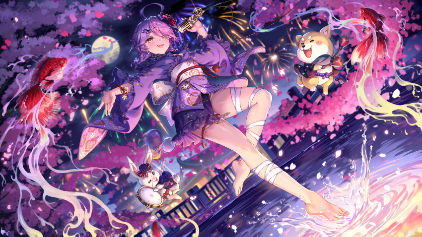 absurdres ahoge barefoot benghuai_xueyuan canine cherry_blossoms female fish frilled_kimono frills full_body full_moon goldfish highres holding holding_microphone honkai_(series) japanese_clothes kimono long_sleeves looking_at_viewer microphone moon night night_sky obi open_mouth pink_hair purple_eyes purple_hair purple_kimono rabbit sash sharp_teeth short_hair sin_mal sin_mal0909 sky standing teeth toes water yellow_eyes yukata