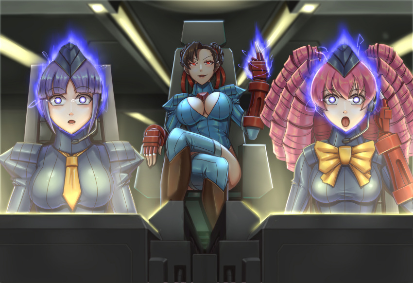 absurdres alternate_costume bow bowtie breasts brown_hair chun-li cleavage corruption dark_persona double_bun dress drill_hair enero garrison_cap gloves hair_bun hat headset highres leebigtree leotard long_hair marz_(street_fighter) mind_control necktie pink_hair pointing pointing_up purple_eyes red_eyes red_gloves ribbed_leotard shadaloo_dolls smile street_fighter thick_thighs thighs turtleneck