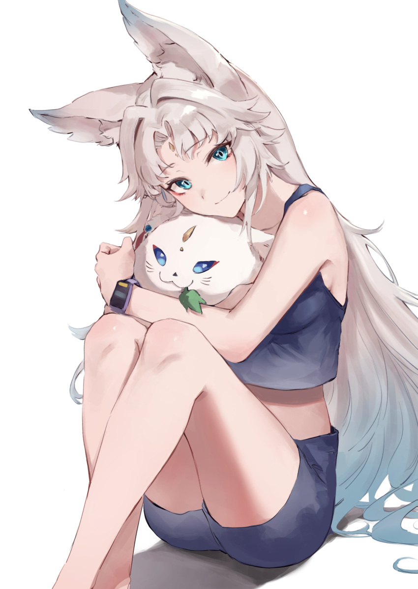 absurdres animal_ears apple_watch crop_top eyeliner feixiao_(honkai:_star_rail) female forehead_jewel fox_ears fox_girl highres honkai:_star_rail honkai_(series) jojobirdz looking_at_viewer makeup parted_bangs red_eyeliner simple_background smartwatch solo stuffed_animal stuffed_toy watch white_background wristwatch