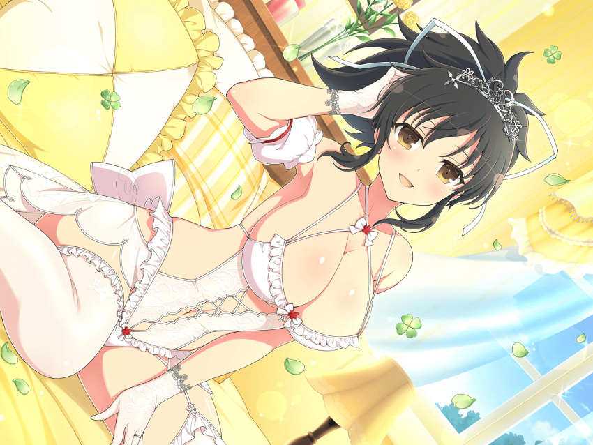 asuka_(senran_kagura) bedroom breasts bridal_lingerie brown_eyes brown_hair clothing_cutout clover day desk_lamp flower four-leaf_clover garter_straps gloves green_petals hair_ribbon highres jewelry lamp large_breasts light_blush lingerie looking_at_viewer navel navel_cutout official_art on_bed open_mouth petals pillow ribbon ring senran_kagura senran_kagura_new_link short_ponytail smile sunlight tiara underwear vase wedding_ring white_gloves white_ribbon yellow_flower