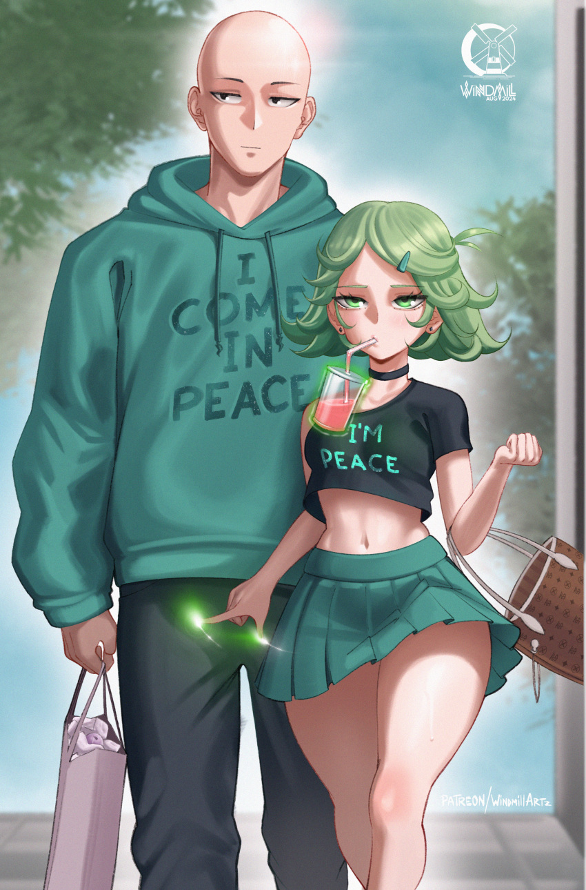 1boy absurdres ahoge bag baggy_pants bald black_choker brand_name_imitation casual choker clothes_writing couple crop_top cup drink drinking_straw earrings english_text female green_hair green_hoodie hair_ornament hairclip handbag highres hood hoodie jewelry light_smile looking_at_viewer looking_to_the_side midriff miniskirt one-punch_man pants road saitama_(one-punch_man) shopping_bag skirt street streetwear stud_earrings sweatdrop tatsumaki tree walking_towards_viewer windmill_(windmillg)