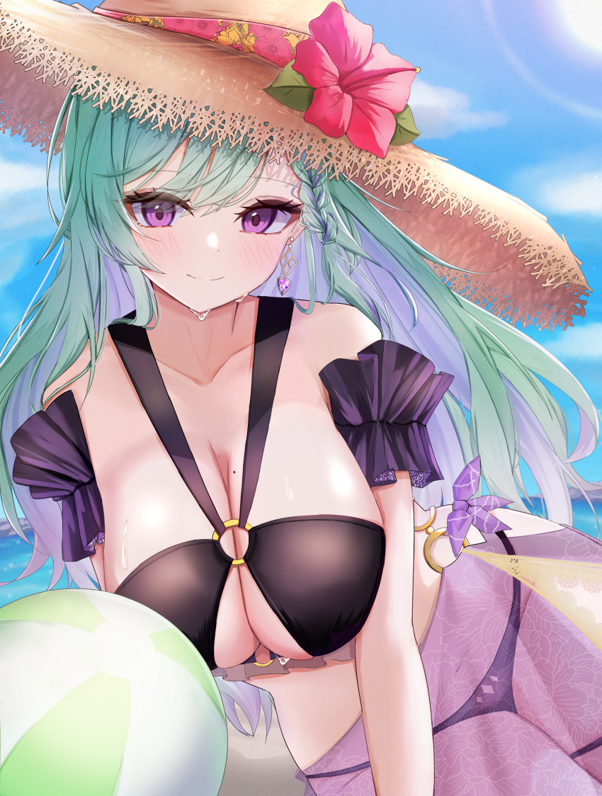 absurdres bikini black_bikini black_sleeves blue_sky blush braid braided_bangs breasts cloud colored_inner_hair detached_sleeves female flower green_hair hat hat_flower hibiscus highres kuyuru109 large_breasts long_hair looking_at_viewer mole mole_on_breast multicolored_hair o-ring o-ring_bikini ocean puffy_detached_sleeves puffy_sleeves purple_eyes purple_hair purple_sarong red_flower sarong see-through sitting sky smile solo straw_hat sun swimsuit very_long_hair virtual_youtuber vspo! wet yakumo_beni yakumo_beni_(vspo!_summer_2024) yellow_hat yokozuwari