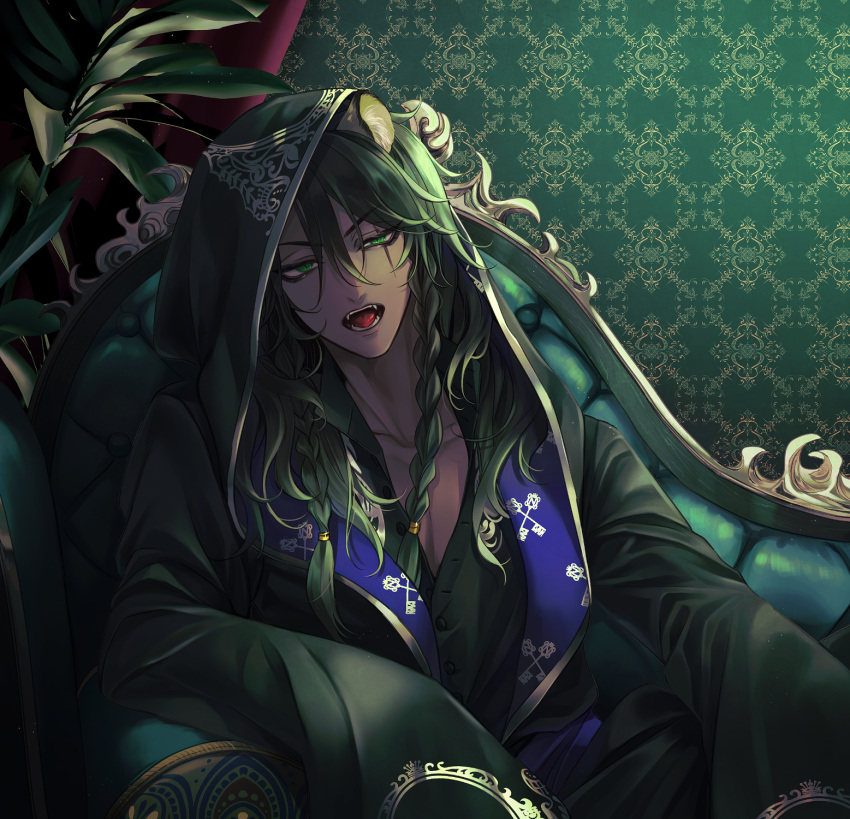 1boy animal_ears black_robe braid chaise_longue commentary_request fangs green_background green_eyes green_hair highres indoors leona_kingscholar lion_boy lion_ears long_hair looking_at_viewer male_focus night_raven_college_ceremonial_robes redrabbit44 robe scar scar_across_eye sitting slit_pupils solo twin_braids twisted_wonderland upper_body