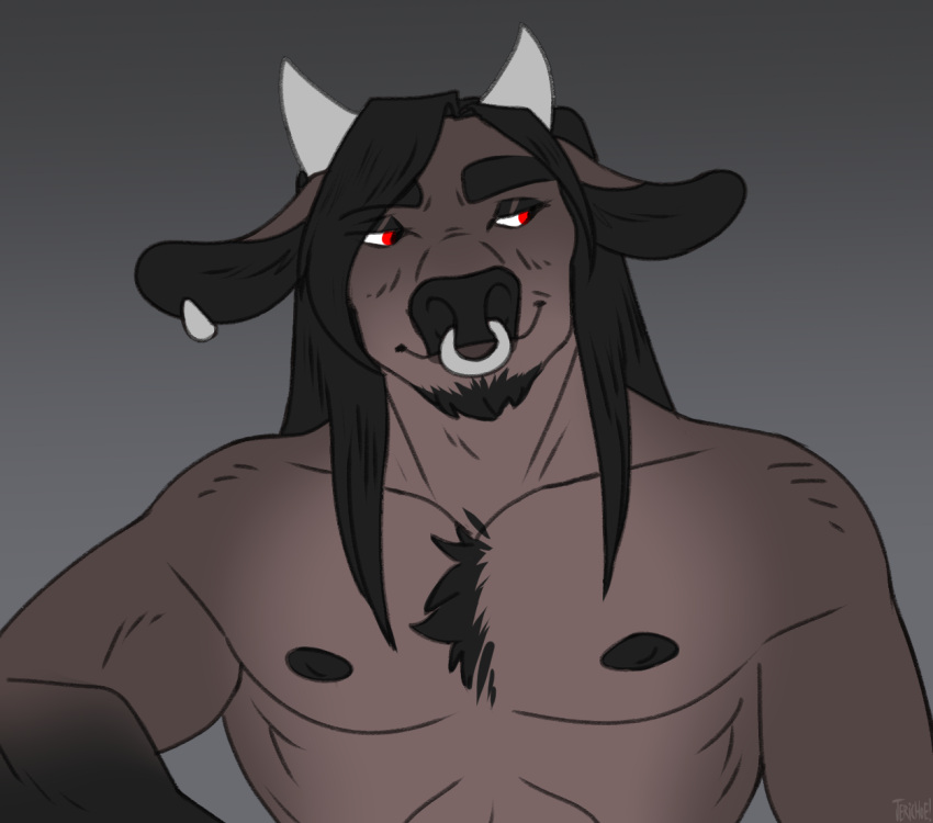 2021 2_horns anthro areola artist_name bent_arm black_areola black_facial_hair black_goatee black_hair black_inner_ear black_nipples black_nose bovid bovine cattle closed_smile clothed clothing collarbone dante_(madammantis) digital_drawing_(artwork) digital_media_(artwork) ear_piercing ear_ring eye_through_hair eyebrows facial_hair facial_piercing flat_colors front_view goatee gradient_background grey_background grey_horn hair hair_over_shoulder half-closed_eyes half-length_portrait horn jerichoe long_hair male mammal mouth_closed muscular muscular_anthro muscular_male narrowed_eyes nipples nose_piercing nose_ring pecs piercing portrait red_eyes ring_piercing short_horn simple_background small_horn smile solo thick_eyebrows topless topless_anthro topless_male translucent translucent_hair