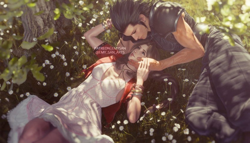 1boy 3d aerith_gainsborough armor baggy_pants bangle bare_arms black_hair blurry blurry_background bracelet breasts brown_hair choker cleavage couple crisis_core_final_fantasy_vii cropped_jacket dress earrings elbow_rest emy-san english_commentary feet_out_of_frame female final_fantasy final_fantasy_vii final_fantasy_vii_rebirth final_fantasy_vii_remake grass green_eyes hair_slicked_back hand_on_another's_cheek hand_on_another's_face highres jacket jewelry lips long_hair looking_at_viewer lying on_back on_side open_clothes open_jacket outdoors pants parted_bangs parted_lips patreon_username pink_dress red_jacket shirt shoulder_armor sleeveless sleeveless_shirt sleeveless_turtleneck small_breasts spiked_hair stud_earrings sweater turtleneck turtleneck_sweater twitter_username zack_fair