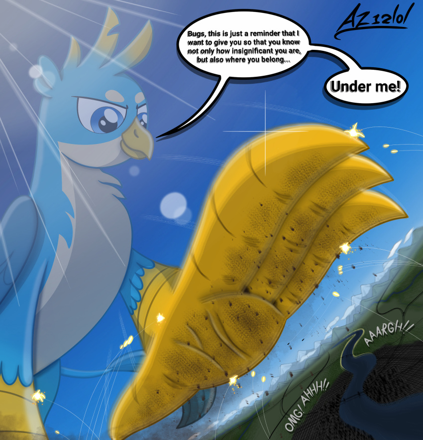 2024 3_toes avian az12lol barefoot bird city_crushing claws crushed_micros digital_drawing_(artwork) digital_media_(artwork) dirty dirty_feet english_text feet foot_crush foot_fetish foot_focus friendship_is_magic fur gallus_(mlp) giga gryphon hasbro hi_res landscape_dwarfing macro male mammal my_little_pony mythological_avian mythological_creature mythology pawpads paws size_difference smile soles solo stomping tail text toe_claws toes wings