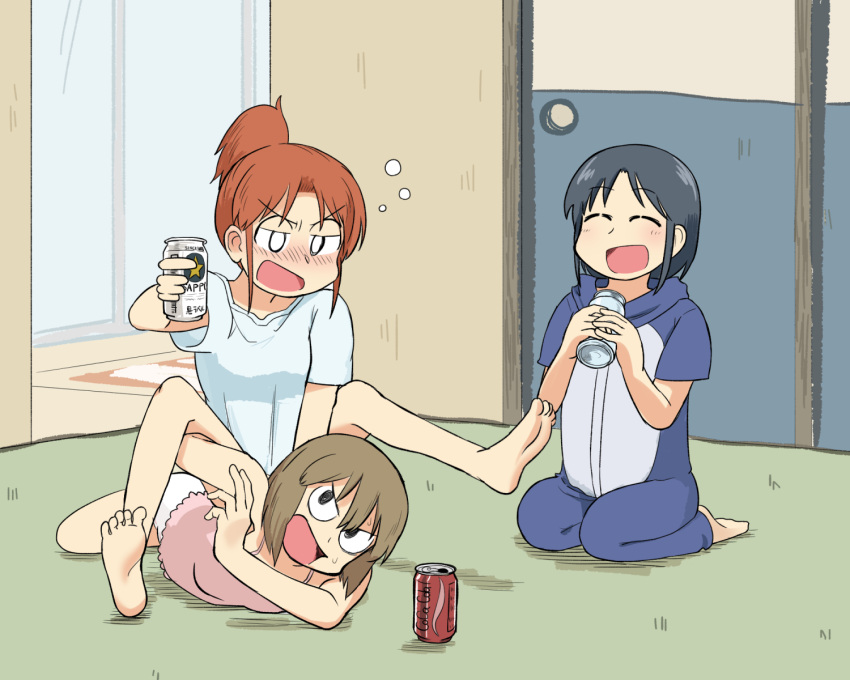 3girls alcohol arawi_keiichi_(style) barefoot black_eyes black_hair blonde_hair blue_pajamas blush brown_hair can city_(arawi_keiichi) closed_eyes door drunk hand_on_another's_back highres holding holding_can indoors izumi_wako medium_hair multiple_girls nagumo_midori niikura_(city) official_style open_mouth pajamas pink_shirt readybug rug shirt short_hair short_ponytail shorts sidelocks sitting smile wariza white_eyes white_shirt white_shorts