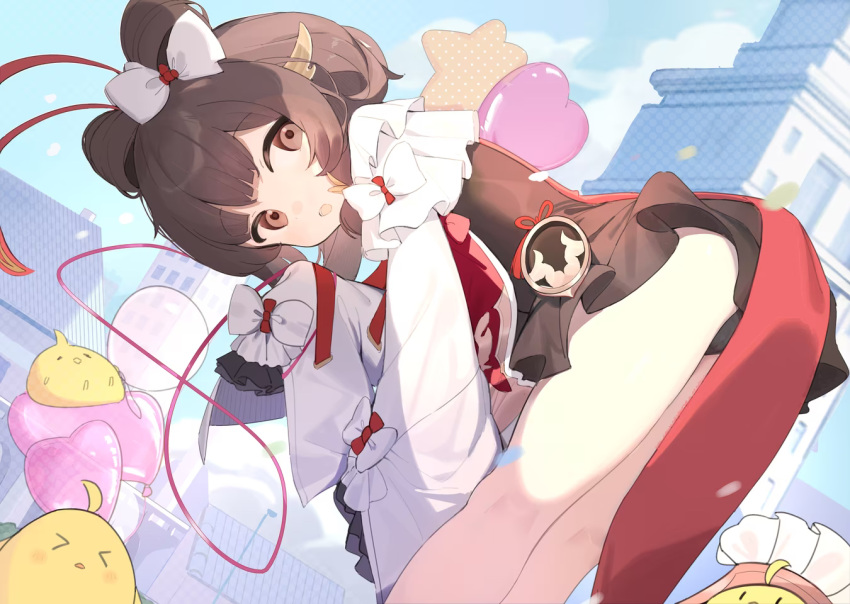 >_< azur_lane balloon bent_over bow brown_eyes brown_hair dress dress_bow female frilled_dress frills from_behind hairbow haruteru heart_balloon looking_at_viewer manjuu_(azur_lane) official_alternate_costume outdoors short_dress sleeves_past_fingers sleeves_past_wrists star_balloon white_bow zuihou_(azur_lane) zuihou_(joy_comes_on_fledgling_wings)_(azur_lane)