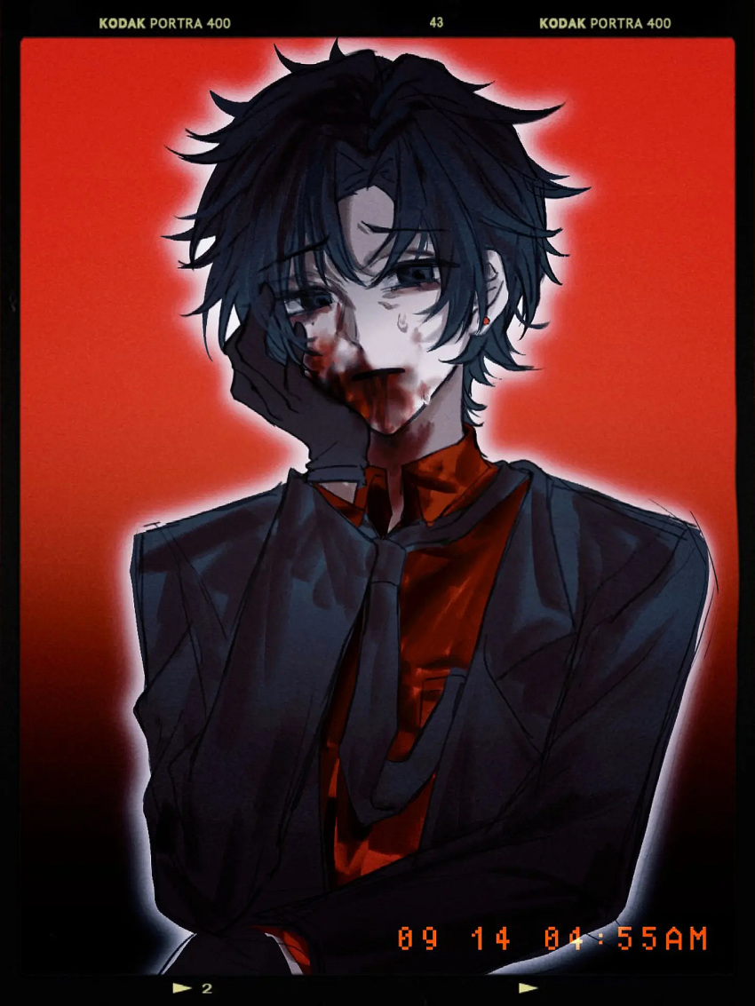 1boy black_eyes black_gloves black_hair black_jacket black_necktie blood blood_on_face buxiang_hua_suxie! collared_shirt commentary curtained_hair dated gloves hand_on_own_cheek hand_on_own_face highres jacket kodak_(company) long_sleeves male_focus mole mole_under_eye necktie necktie_in_pocket open_clothes open_jacket open_mouth outline parted_bangs red_background red_shirt shirt short_hair solo sweat touqi_guaitan upper_body white_outline zhu_yaoxing