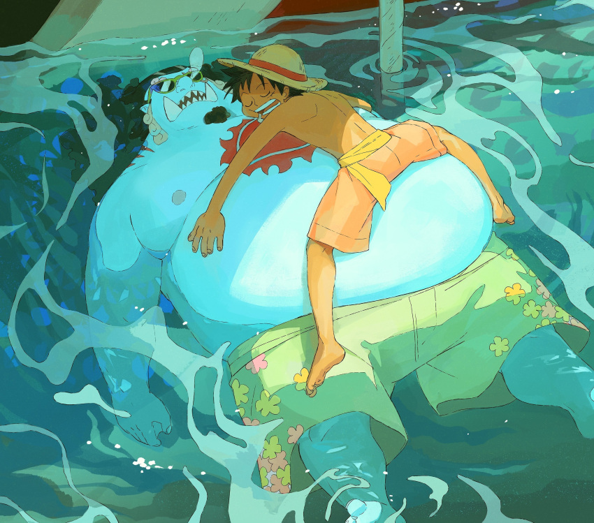 absurd_res anthro belly black_hair bottomwear clothing cuddling duo eyewear fish-men_(one_piece) floating hair happensweater hat headgear headwear hi_res human jinbe male male/male mammal marine monkey_d._luffy moobs nipples one_piece shorts size_difference sleeping straw_hat sunglasses water