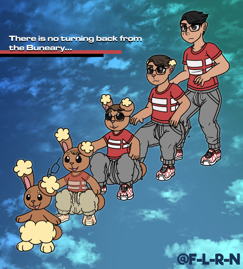 animorphs brown_body brown_fur buneary clothed clothing crossover discarded_clothing dissolving_clothing ear_growth english_text eyewear feral flrnfluff fur fur_growth generation_4_pokemon glasses growth hi_res human lagomorph leporid male mammal markings mole_(marking) morphing naturally_censored nintendo nude pokemon pokemon_(species) rabbit rabbit_ears shrinking signature size_transformation smile solo tan_body tan_fur text transformation