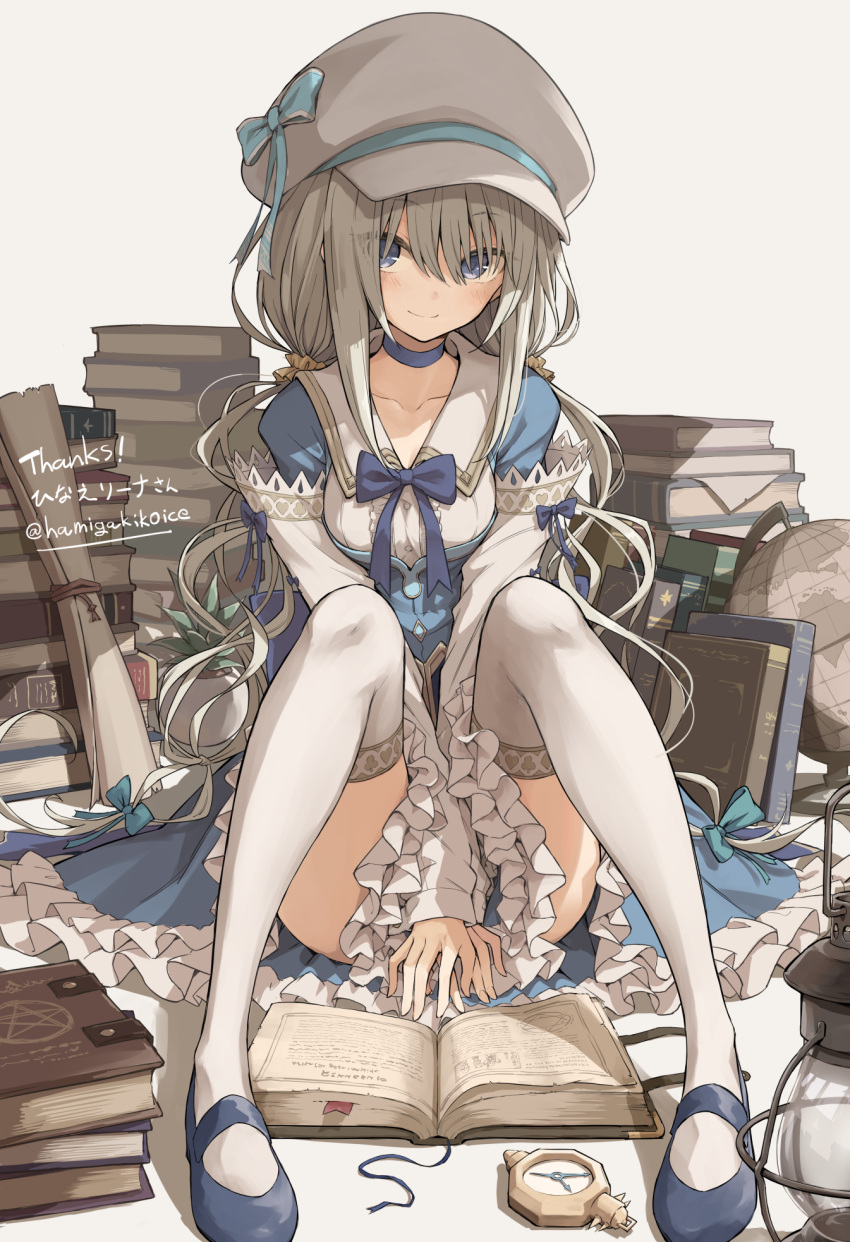 aqua_bow arms_between_legs blue_bow blue_bowtie blue_choker blue_dress blue_eyes blue_footwear blush book bow bowtie breasts choker closed_mouth collarbone collared_dress commission dress dress_tug female frilled_dress frills full_body grey_hair hairbow hamigakikoice hat hat_bow highres knees_together_feet_apart knees_up long_hair long_sleeves looking_at_viewer low_twintails mary_janes on_ground open_book original shoes sidelocks sitting skeb_commission small_breasts smile solo thank_you thighhighs twintails twitter_username very_long_hair white_hat white_thighhighs