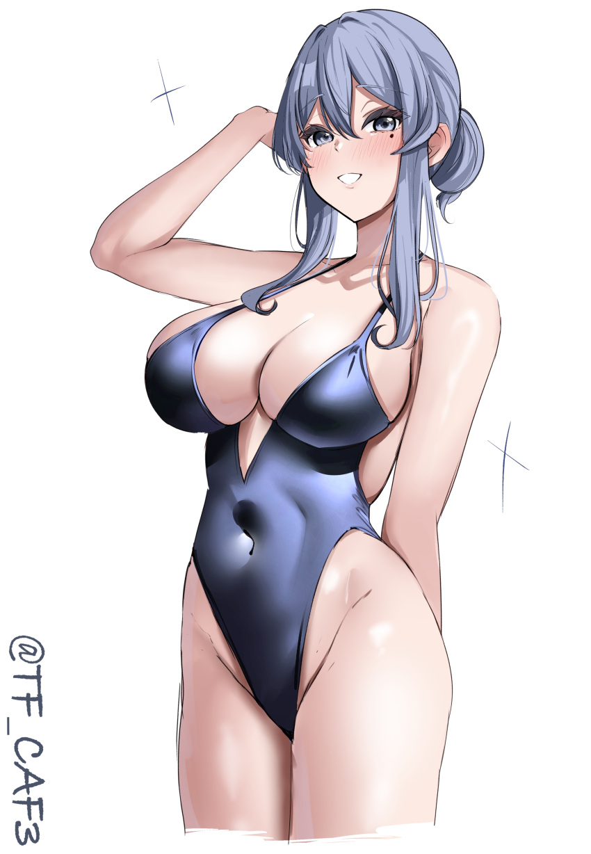 absurdres arm_behind_head arm_up bare_arms bare_shoulders blue_eyes blue_hair blue_one-piece_swimsuit blush breasts cleavage collarbone commentary_request covered_navel cropped_legs female gotland_(kancolle) groin hair_between_eyes hair_bun highres kantai_collection large_breasts long_hair looking_at_viewer mole mole_under_eye one-hour_drawing_challenge one-piece_swimsuit simple_background smile solo swimsuit tf_cafe twitter_username white_background