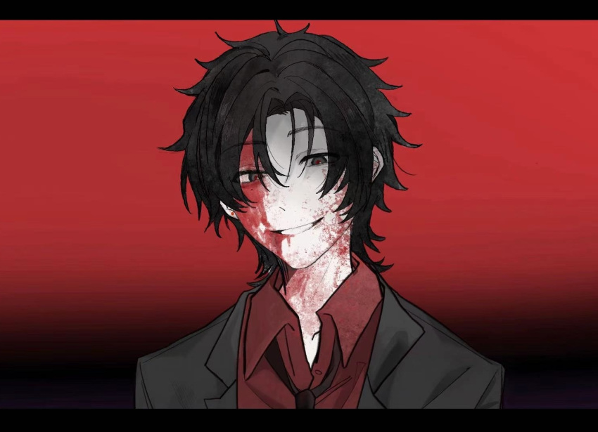 1boy black_eyes black_hair black_jacket black_necktie blood blood_on_face blood_on_neck chinese_commentary collared_shirt commentary_request grin jacket letterboxed looking_at_viewer male_focus necktie open_clothes open_jacket portrait red_background red_pupils red_shirt shirt short_hair smile solo suanmingsanwen806 touqi_guaitan zhu_yaoxing