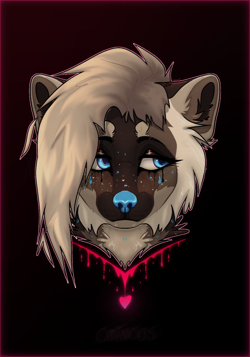 blonde_hair blue_eyes blue_nose canid canine canis female feral freckles hair heart_(marking) heart_symbol hi_res larzali mammal markings running_makeup running_mascara sad solo wolf