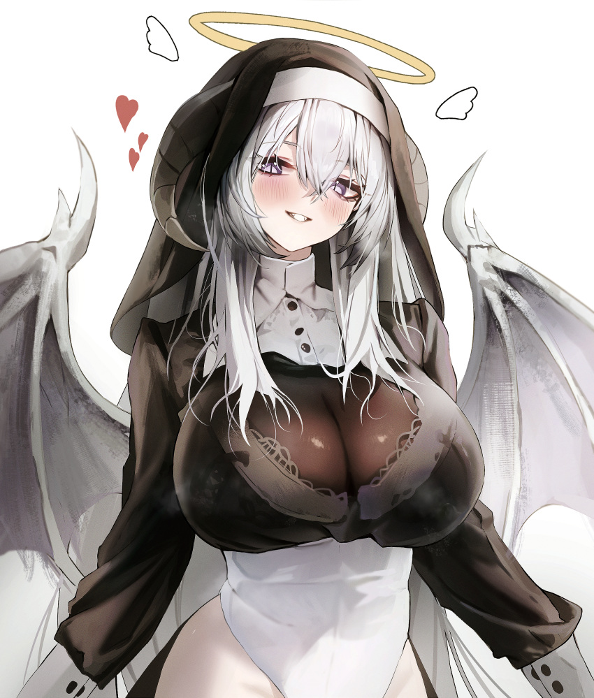 absurdres black_sleeves blush breasts cleavage coif crossed_bangs dotthebot english_commentary female grin habit hair_between_eyes hair_over_shoulder halo highres horns large_breasts long_hair low_wings nun original purple_eyes see-through smile solo thighs white_background white_hair wings yellow_halo