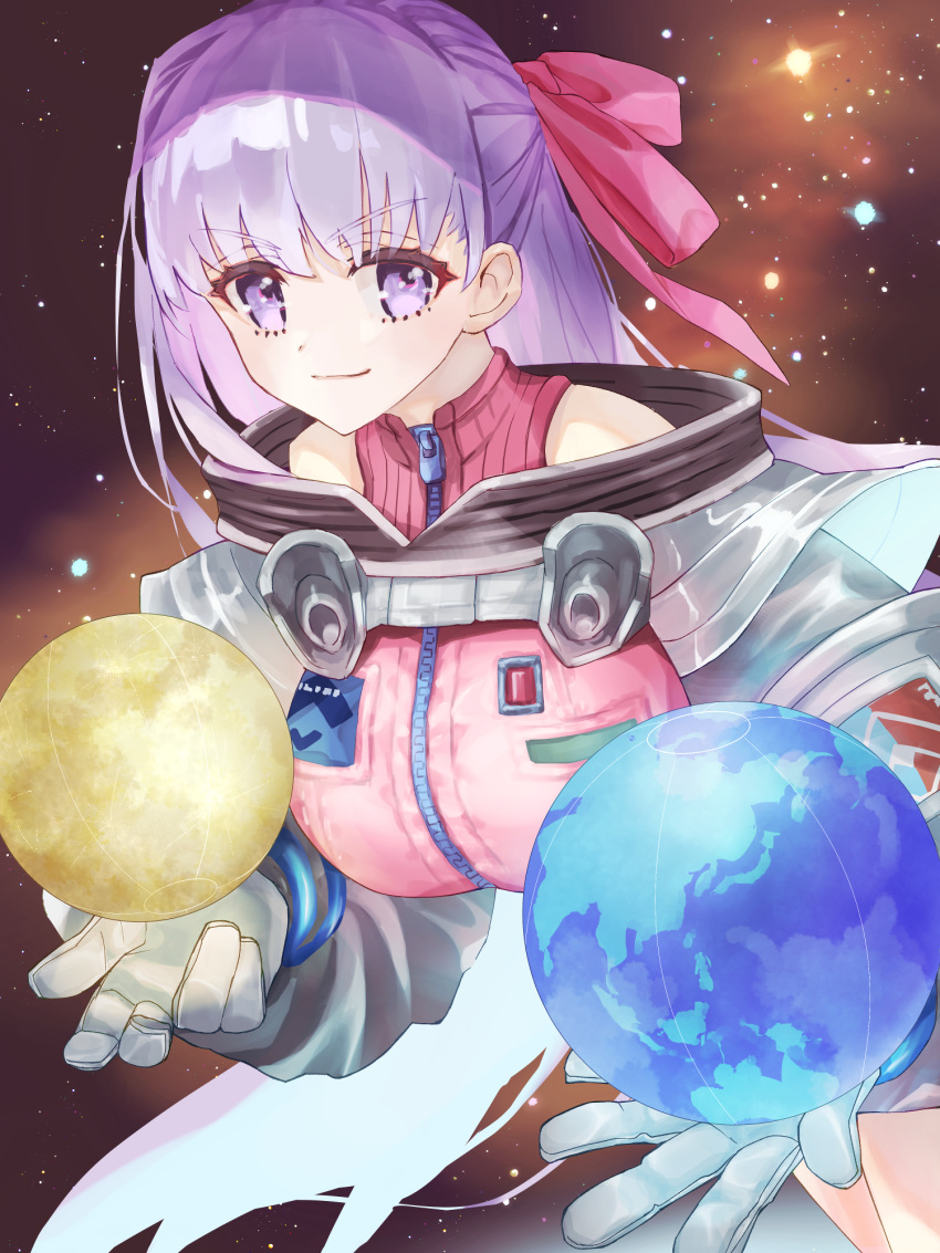 aopix_001 bb_cosmo_(fate) blush breasts fate/grand_order fate_(series) female hair_ribbon helmet highres large_breasts leotard long_hair long_sleeves pink_leotard planet purple_eyes purple_hair ribbon shrug_(clothing) smile solo space_helmet spacesuit very_long_hair