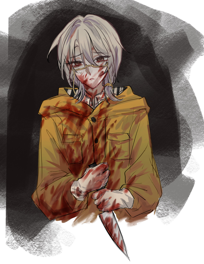 1boy bai_ling_(touqi_guaitan) blood blood_in_hair blood_on_clothes blood_on_face blood_on_hands blood_on_weapon brown_eyes buxiang_hua_suxie! collared_shirt commentary cropped_torso eyewear_strap freckles glasses gloves hair_between_eyes highres holding holding_knife hood hood_down hooded_jacket jacket knife long_sleeves male_focus medium_hair parted_lips rectangular_eyewear semi-rimless_eyewear shirt solo sweat touqi_guaitan weapon white_gloves white_hair white_shirt yellow-framed_eyewear yellow_jacket