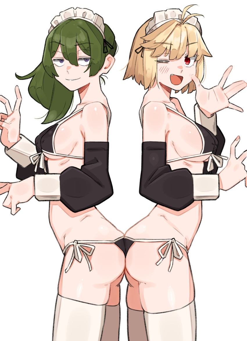 2girls ;d absurdres ahoge arcueid_brunestud ass ass-to-ass ass_press back-to-back bare_shoulders bikini black_bikini black_sleeves blonde_hair blush breasts facing_to_the_side frilled_hairband frills green_hair grin hair_ornament hair_ribbon hairband hasegawa_ikumi highres looking_at_viewer maid maid_bikini medium_breasts melty_blood multiple_girls oerba_yun_fang one_eye_closed open_mouth peace_symbol ponytail purple_eyes red_eyes ribbon sattinittas short_hair sideboob simple_background smile sousou_no_frieren swimsuit thighhighs tsukihime tsukihime_(remake) type-moon ubel_(sousou_no_frieren) unconventional_maid underboob v voice_actor_connection white_background white_thighhighs white_wrist_cuffs wrist_cuffs