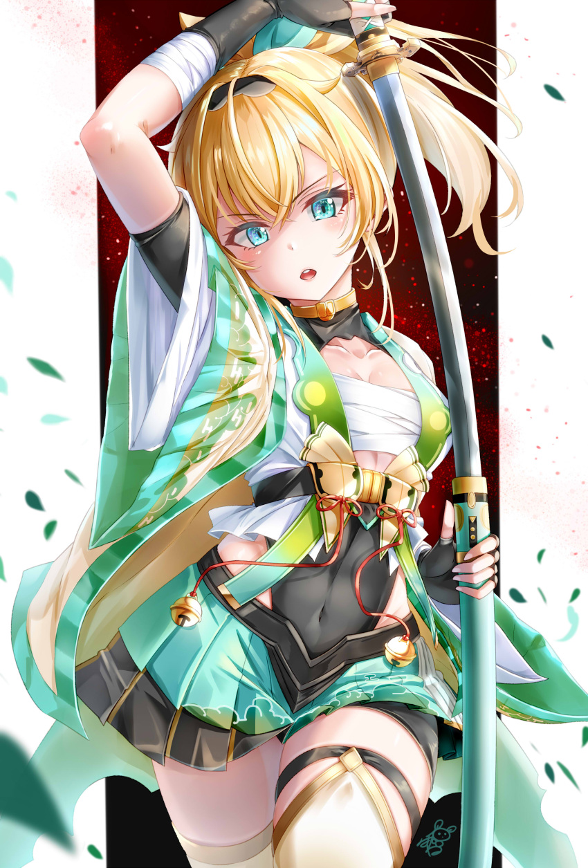 absurdres ayakase_hotaru black_gloves black_shrug blonde_hair blue_eyes chest_sarashi covered_navel falling_leaves female fingerless_gloves gloves hair_between_eyes hair_ornament highres holding holding_sword holding_weapon hololive japanese_clothes katana kazama_iroha kazama_iroha_(1st_costume) leaf leaf_hair_ornament long_hair looking_at_viewer open_mouth ponytail sarashi sheath simple_background solo sword thighhighs unsheathing virtual_youtuber weapon white_thighhighs