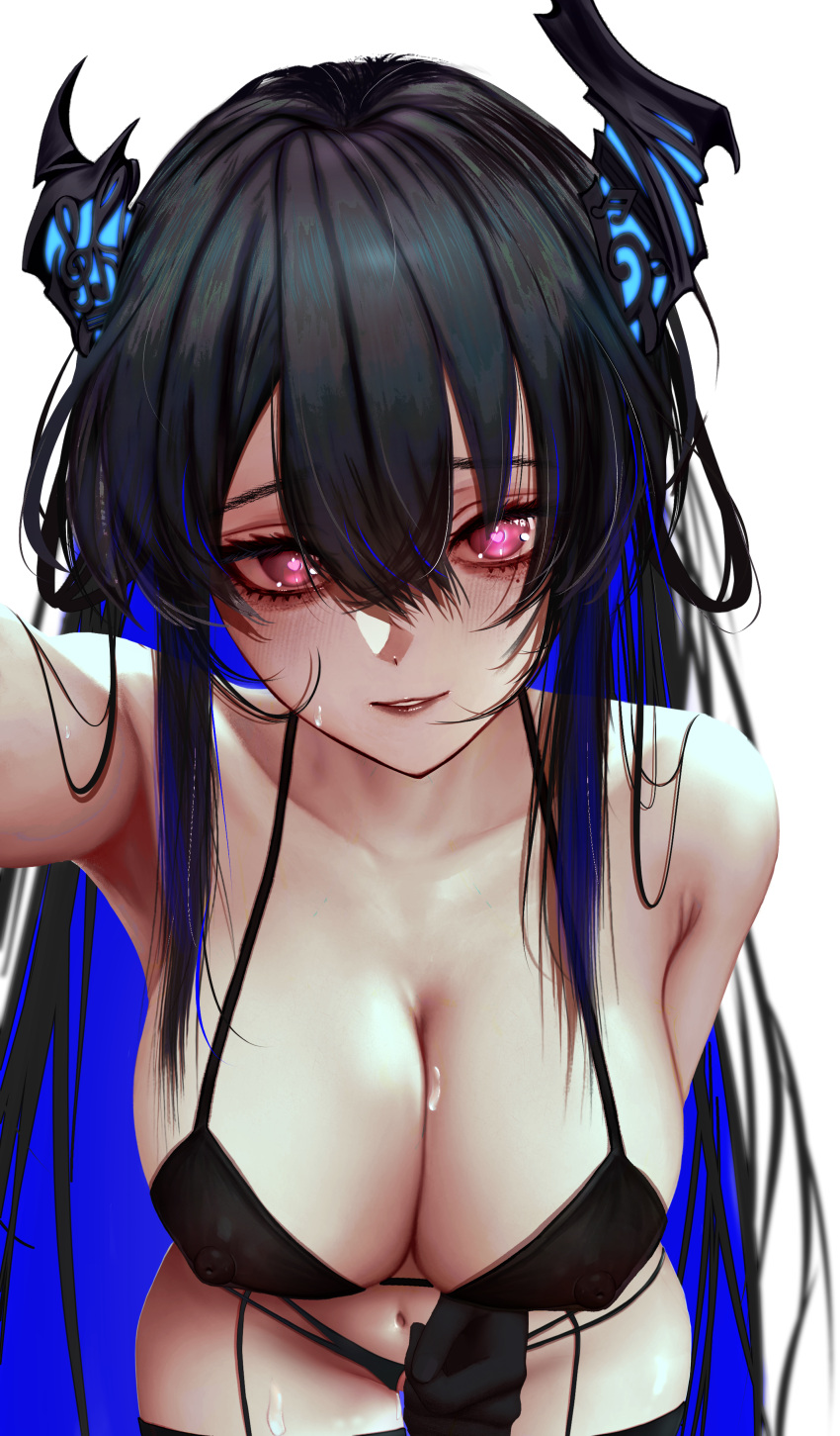 absurdres armpit_crease asymmetrical_horns bar_censor bare_shoulders black_bra black_hair black_horns black_panties black_thighhighs blue_background blue_hair bra breasts censored chest_strap cleavage collarbone colored_inner_hair commentary demon_horns dot_nose english_commentary female garter_straps highres hololive hololive_english horns large_breasts lips long_hair looking_at_viewer mole mole_under_eye multicolored_hair nerissa_ravencroft panties reaching reaching_towards_viewer red_eyes red_lips shirt sidelocks simple_background soju_ice solo straight_hair swept_bangs teeth thighhighs underwear uneven_horns upper_teeth_only very_long_hair virtual_youtuber white_shirt