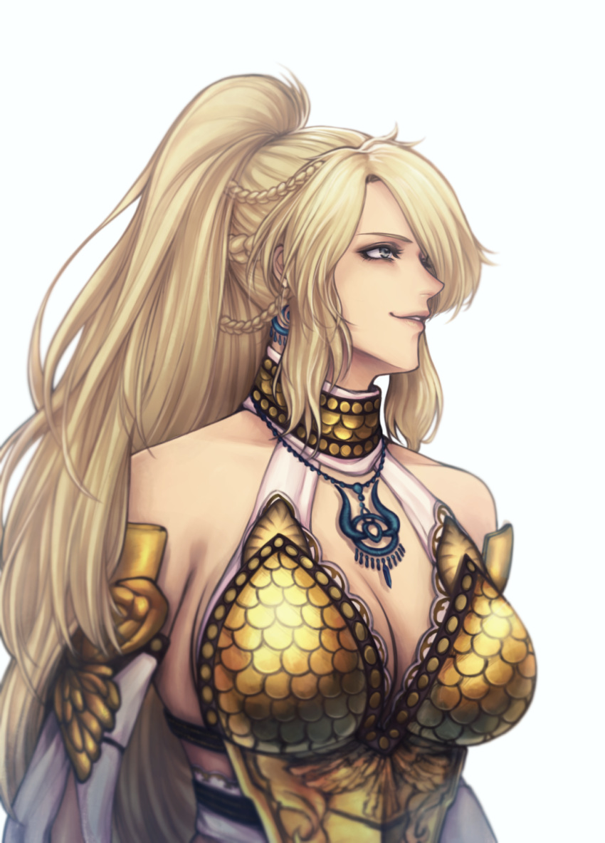 athena_(musou_orochi) bare_shoulders blonde_hair blue_eyes braid breasts cleavage commentary earrings female halterneck high_ponytail highres jewelry ktovhinao large_breasts long_hair looking_away musou_orochi musou_orochi_3 necklace ponytail profile sidelocks smile solo upper_body white_background