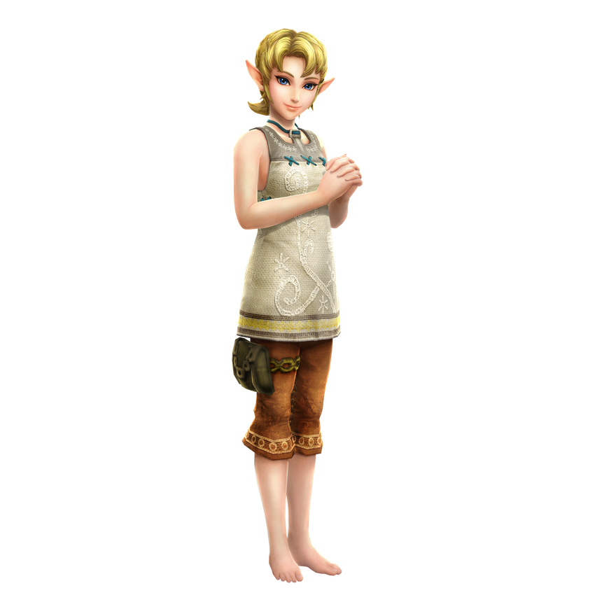 3d absurdres bag blonde_hair blue_eyes feet female highres ilia lips looking_at_viewer official_art pointy_ears short_hair shorts smile the_legend_of_zelda the_legend_of_zelda:_twilight_princess twilight_princess zelda_musou