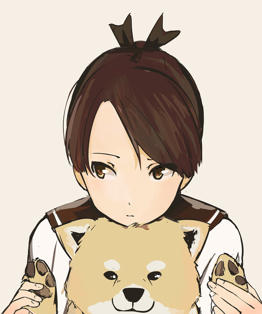 animal_hands asymmetrical_bangs beige_background brown_eyes brown_hair canine closed_mouth commentary_request female hands_up head_rest highres kantai_collection looking_to_the_side morakkyo_(mephilas_g3) ponytail shiba_inu shikinami_(kancolle) simple_background solo upper_body