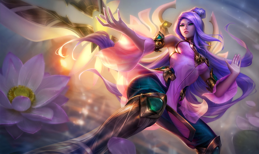 armpits blade boots cleavage_cutout clothing_cutout commentary detached_sleeves english_commentary female flower green_eyes highres irelia knee_boots league_of_legends long_hair lotus michelle_hoefener official_art order_of_the_lotus_irelia photoshop_(medium) purple_hair solo very_long_hair