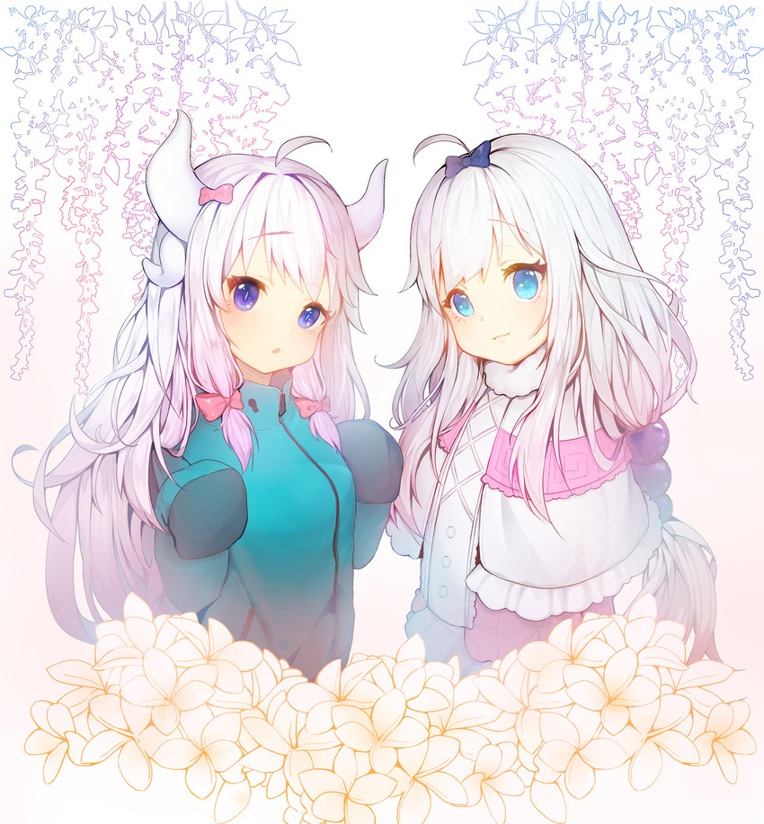 2girls blue_eyes bow cosplay costume_switch crossover dragon_girl dragon_horns eromanga_sensei hairbow highres horns izumi_sagiri izumi_sagiri_(cosplay) jacket kanna_kamui kanna_kamui_(cosplay) kobayashi-san_chi_no_maidragon lavender_hair long_hair look-alike looking_at_viewer multiple_girls pink_bow purple_eyes revision sleeves_past_wrists tp_(kido_94) white_hair