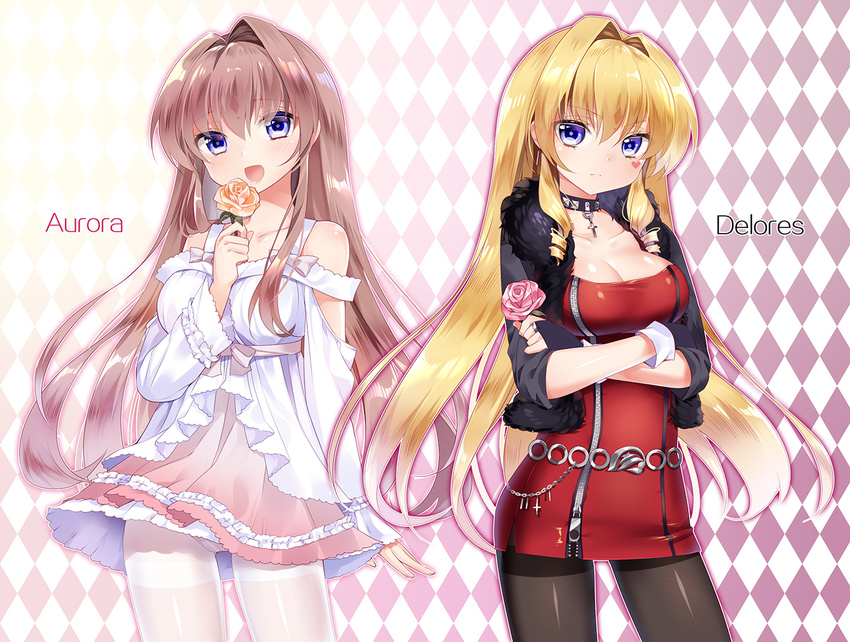 2girls aurora_(mvv) bad_id bad_pixiv_id black_legwear blonde_hair blue_eyes breasts brown_hair character_name collar commentary_request delores_(mvv) facial_mark flower heart heart-shaped_pupils heart_facial_mark long_hair looking_at_viewer medium_breasts multiple_girls mvv original panties panties_under_pantyhose pantyhose photoshop_(medium) purple_eyes symbol-shaped_pupils underwear white_legwear