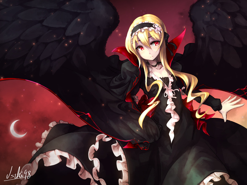 awakening_(sennen_sensou_aigis) black_dress black_wings blonde_hair choker commentary_request crescent_moon dress female frilled_dress frills headband highres long_hair moon outstretched_arm racua_(sennen_sensou_aigis) red_eyes red_sky sennen_sensou_aigis signature sky solo standing usuki_(graygreed) wings