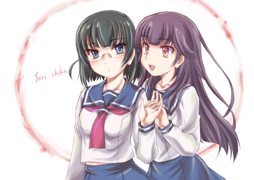 2girls :d black_hair blouse blue_eyes blue_skirt blunt_bangs blush brown_eyes brown_hair character_name commentary_request couple english_text glasses hair_over_shoulder haruchika holding_hands homura_chika interlocked_fingers long_hair long_sleeves looking_at_another looking_at_viewer multiple_girls neckerchief open_mouth photoshop_(medium) school_uniform serafuku serizawa_naoko shirt short_hair skirt smile wan'yan_aguda white_shirt yuri