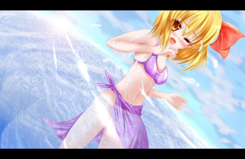 blonde_hair blush bow commentary_request female hairbow himeruri_charm letterboxed navel one_eye_closed red_eyes rumia sarong solo swimsuit touhou wading