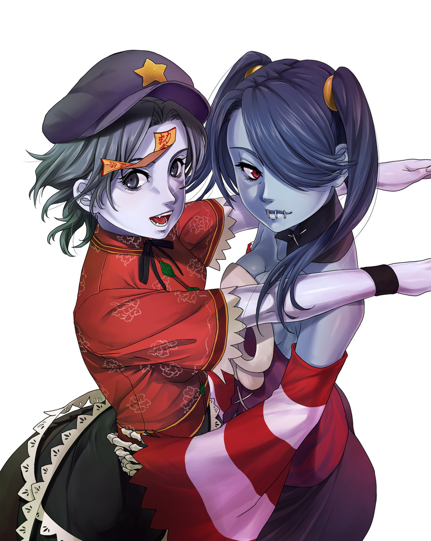 2girls absurdres bare_shoulders blue_eyes blue_hair blue_skin chinese_clothes colored_skin commentary_request cowboy_shot crossover detached_collar detached_sleeves fangs flat_cap hair_over_one_eye hand_on_own_hip hat hat_ornament highres himegami_shino looking_at_viewer looking_away miyako_yoshika multiple_girls ofuda open_mouth outstretched_arms red_eyes short_hair short_sleeves sideways_glance simple_background skeletal_arm skirt skull skullgirls sleeves_past_wrists squigly_(skullgirls) star_(symbol) star_hat_ornament stitched_mouth stitches striped_sleeves touhou trait_connection twintails white_background zombie zombie_pose