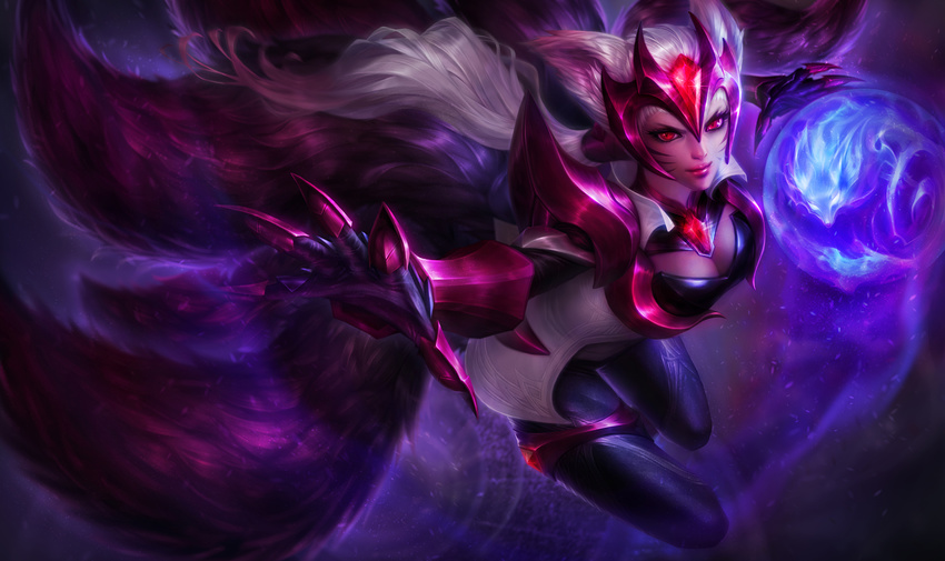 ahri_(league_of_legends) alternate_costume alternate_hair_color animal_ears armor breasts challenger_ahri claws cleavage commentary energy_ball english_commentary facial_mark female fox_ears fox_tail gem highres large_breasts league_of_legends long_hair michelle_hoefener multiple_tails official_art pauldrons photoshop_(medium) red_eyes shoulder_armor solo tail thighlet vambraces whisker_markings white_hair