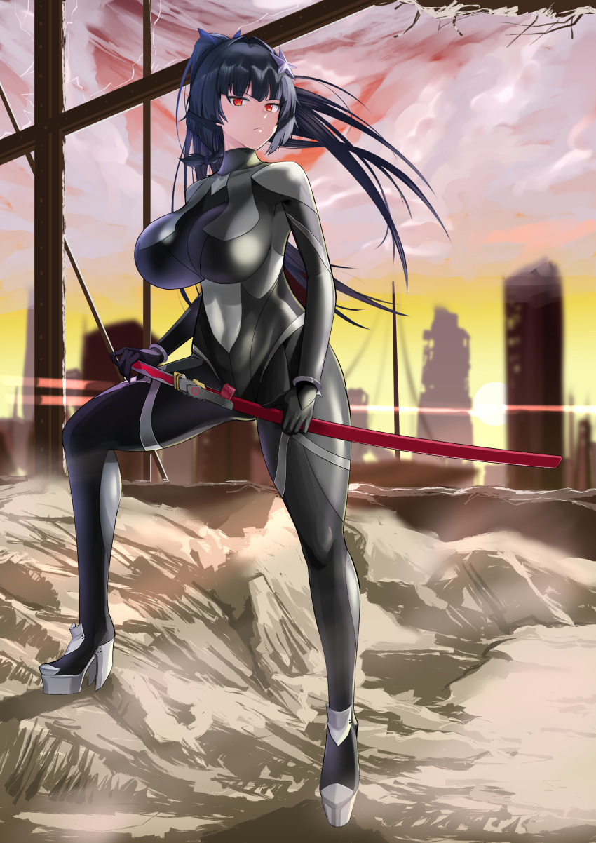 absurdres black_bodysuit black_gloves blue_hair bodysuit braid breasts building closed_mouth commission covered_navel female full_body gloves hair_ornament high_heels highres holding holding_sword holding_weapon impossible_bodysuit impossible_clothes katana large_breasts long_hair long_sleeves looking_at_viewer pixiv_commission ponytail red_eyes sankyo_(821-scoville) simple_background skin_tight solo standing star_(symbol) star_hair_ornament sword tatakau_ataisuru thighs tight_clothes weapon yamaguchi_ryouko