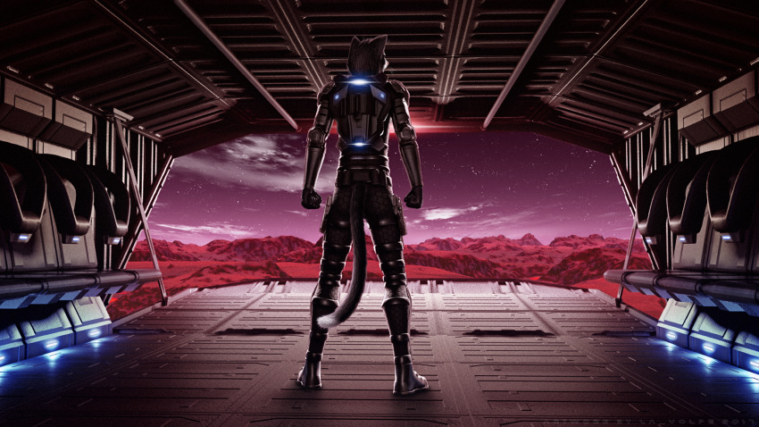 16:9 2017 3d_(artwork) alien_planet amazing_background armor black_body black_fur bodysuit canyon clothing detailed detailed_background digital_media_(artwork) domestic_cat dropship felid feline felis fur futuristic_armor gun handgun hi_res jet_pack la_volpe male mammal night pink_nose pistol ranged_weapon skinsuit solo space space_marine star tight_clothing weapon white_body white_fur widescreen