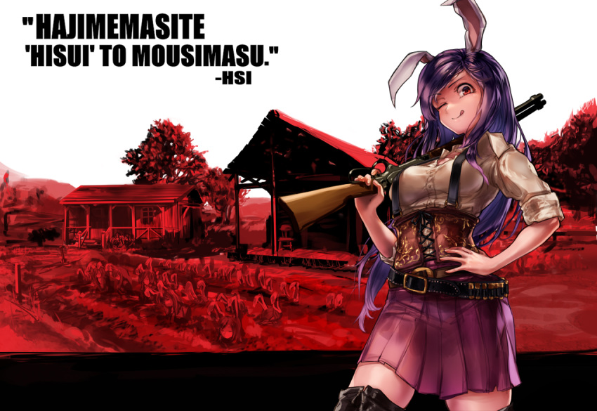 6+girls :p alternate_costume ammunition animal_ears belt black_belt black_footwear boots breasts chair collared_shirt commentary_request cookie_(touhou) corset cowboy_shot cross-laced_clothes crossover day farm gun hand_on_own_hip hisui_(cookie) long_hair looking_at_viewer medium_breasts megafaiarou_(talonflame_810) metal_hisui_(cookie) multiple_girls one_eye_closed outdoors porch purple_hair purple_skirt rabbit_ears rabbit_girl red_dead_redemption red_eyes red_theme reisen_udongein_inaba rifle romaji_text shack shirt short_sleeves skirt sleeves_rolled_up solo_focus suspenders tongue tongue_out touhou translation_request tree weapon weapon_request white_shirt wing_collar