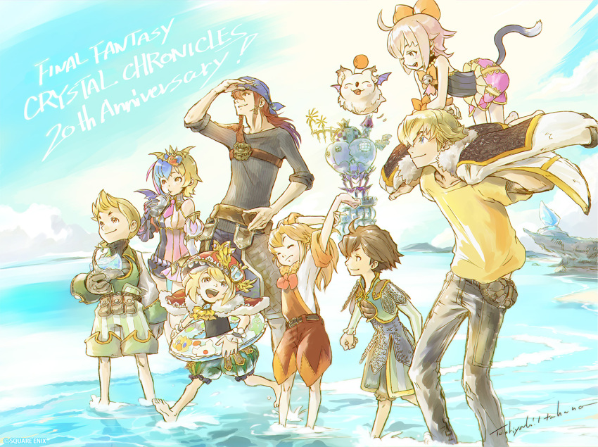 3girls 5boys anniversary bandana barefoot beach cat_tail chelinka clavat commentary final_fantasy final_fantasy_crystal_chronicles final_fantasy_crystal_chronicles:_echoes_of_time final_fantasy_crystal_chronicles:_my_life_as_a_darklord final_fantasy_crystal_chronicles:_my_life_as_a_king final_fantasy_crystal_chronicles:_ring_of_fates final_fantasy_crystal_chronicles_the_crystal_bearers in-franchise_crossover innertube itahana_toshiyuki jacket jacket_on_shoulders keiss king_leo layle mira_(ffcc) moogle multiple_boys multiple_girls official_art sherlotta smile standing swim_ring tail yuri_(ffcc)