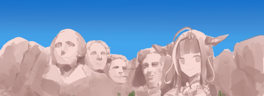 4boys abraham_lincoln ahoge dragon_horns english_commentary female george_washington highres hololive horns kiryu_coco looking_at_viewer lyrinne mount_rushmore multiple_boys parody real_life sky smirk statue stone theodore_roosevelt thomas_jefferson v-shaped_eyebrows virtual_youtuber