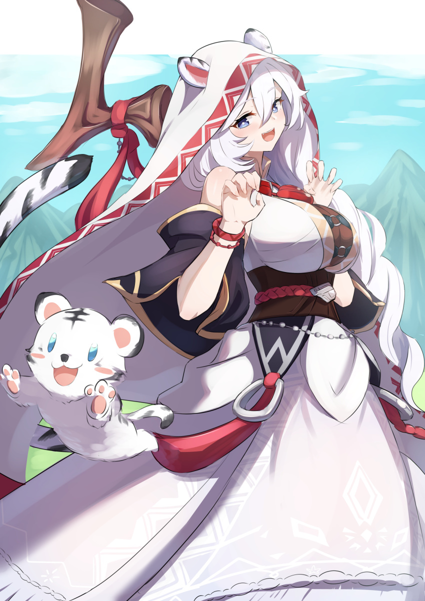 absurdres afrody animal_hood blue_eyes breasts cloud day detached_sleeves dress druid_kanna female guardian_tales hair_between_eyes highres hood large_breasts long_bangs long_hair looking_at_animal mountain obi open_mouth outdoors paw_pose sash sky solo standing tail teeth tiger upper_teeth_only white_dress white_hair