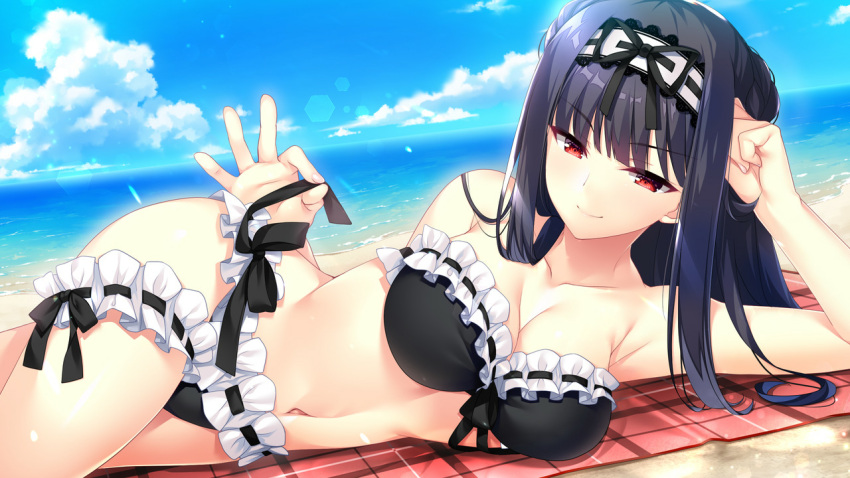 armpits bare_shoulders beach bikini black_bikini black_hair black_hairband blue_sky blunt_bangs braid breasts bridal_garter cleavage closed_mouth cloud collarbone courreges_ace day female french_braid frilled_bikini frills hairband hajilove_-making_lovers- large_breasts long_hair looking_at_viewer lying navel non-web_source ocean on_side outdoors red_eyes sand sky smile solo swimsuit tanabe yofune_hatsuho