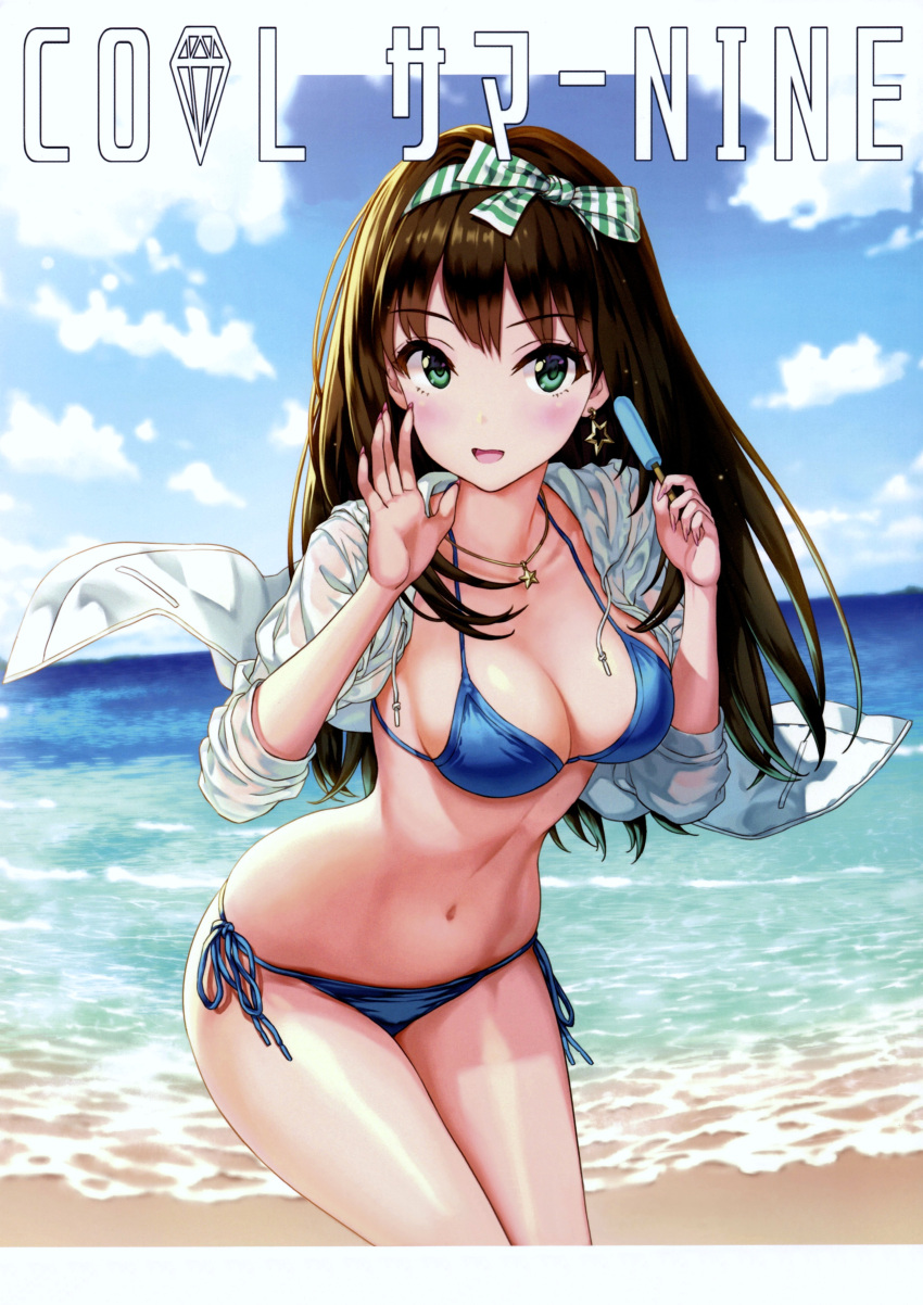 absurdres beach bikini blue_bikini blue_sky blush bow breasts brown_hair cleavage cloud collarbone cover cover_page day earrings female fingernails food green_eyes hairbow halterneck hamahama highres holding hood hoodie idolmaster idolmaster_cinderella_girls jewelry leaning_forward long_fingernails long_hair long_sleeves medium_breasts navel necklace ocean open_clothes open_hoodie open_mouth outdoors popsicle sand scan shibuya_rin side-tie_bikini_bottom sky sleeves_rolled_up smile solo standing star_(symbol) star_earrings star_necklace string_bikini swimsuit water