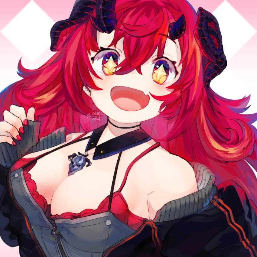 argyle_background black_horns black_jacket bra breasts curled_horns dated_commentary detached_collar diamond-shaped_pupils diamond_(shape) eyelashes female horns jacket jewelry large_breasts long_hair magrona magrona_channel nail_polish necklace oerba_yun_fang open_mouth orange_eyes red_bra red_hair red_nails seta-u signature skin_fang skull_necklace solo symbol-shaped_pupils underwear upper_body very_long_hair virtual_youtuber