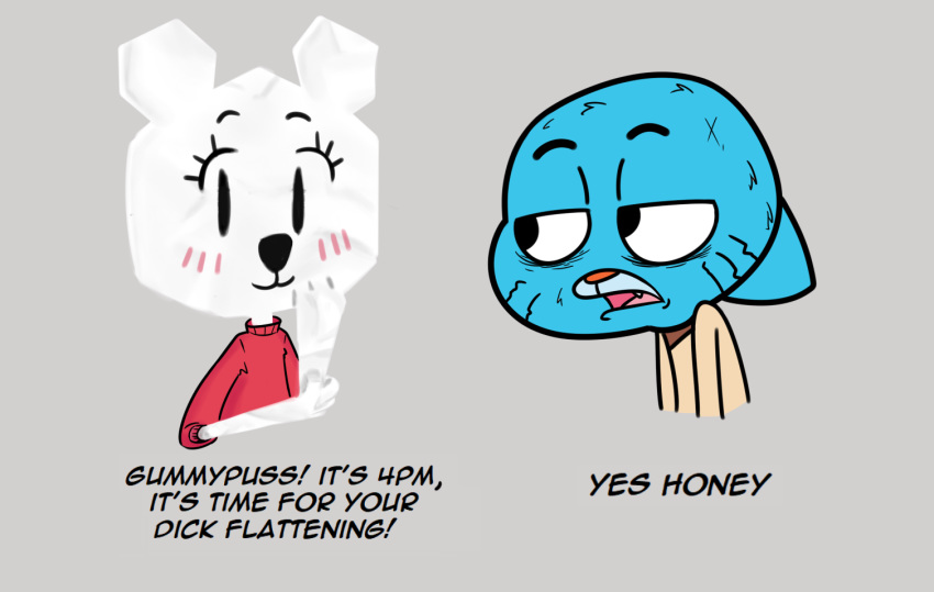 2020 bear blush cartoon_network clothing dick_flattening domestic_cat duo english_text felid feline felis female grey_background gumball_watterson hitsuji male mammal meme on_model paper paper_creature simple_background sweater teri_(tawog) text the_amazing_world_of_gumball topwear