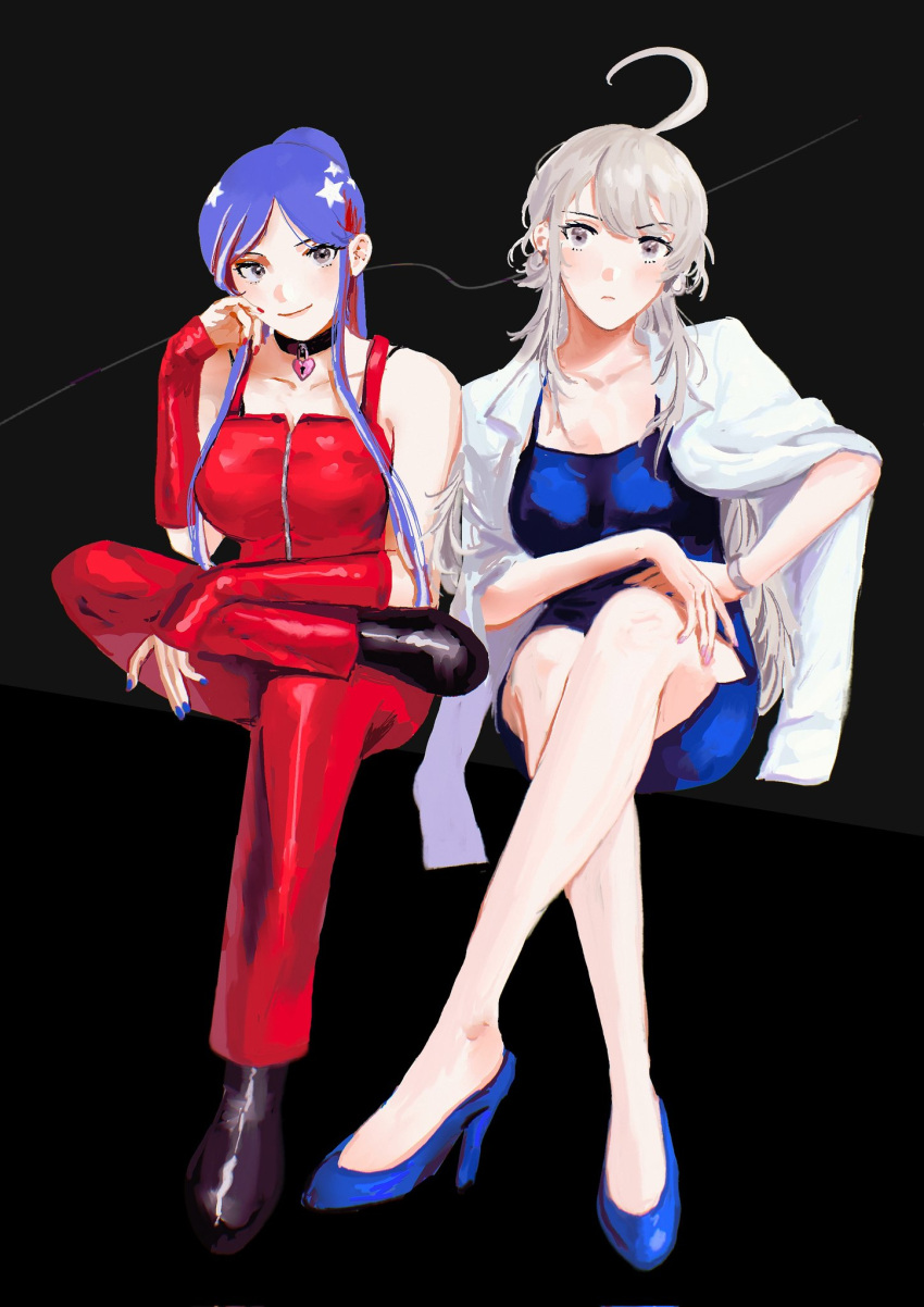 2girls ahoge alternate_costume black_background black_choker black_eyes black_footwear blue_dress blue_footwear blue_hair blue_nails breasts choker closed_mouth crossed_legs dress full_body grey_hair heart_lock_(kantai_collection) high_heels highres jacket jacket_on_shoulders kantai_collection large_breasts legs long_hair looking_at_viewer multicolored_hair multiple_girls nidou pants red_hair red_nails red_pants simple_background sitting sleeveless south_dakota_(kancolle) star_(symbol) washington_(kancolle) white_hair white_jacket